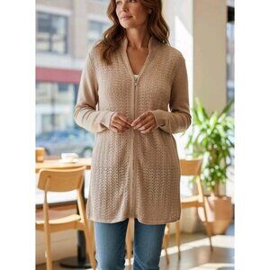 American Classics by Ann Bowen Silk Blend Open Knit Cardigan Sweater M Zip Beige